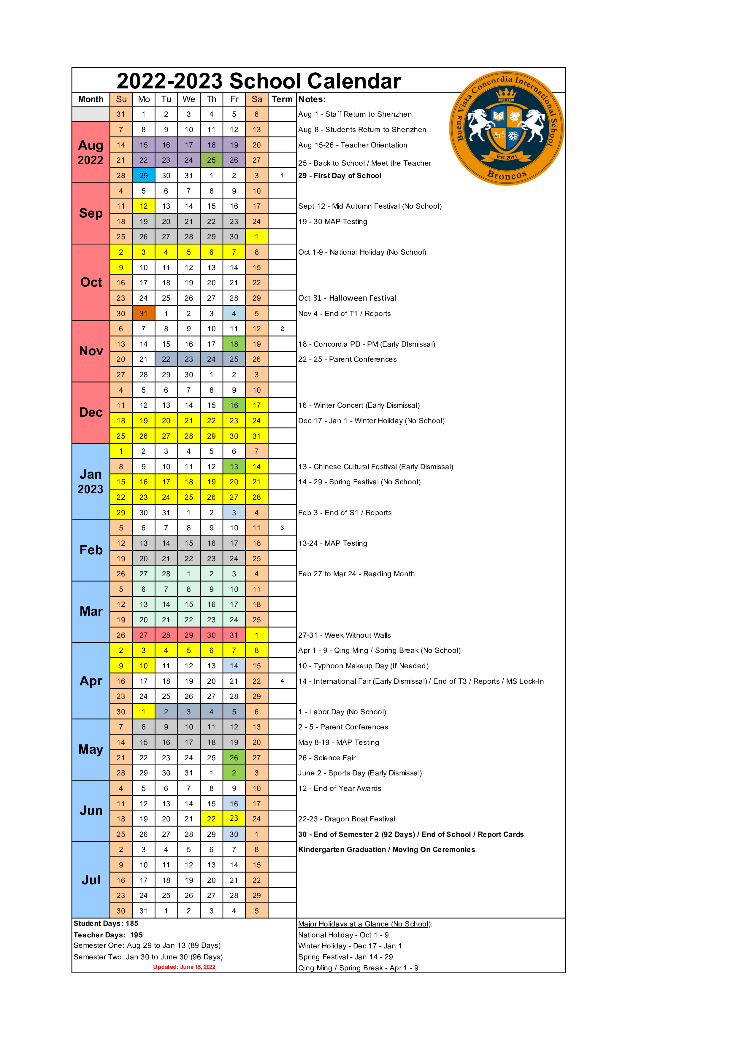 曦城协同国际学校(BCIS) 官网 School Calendar 20222023